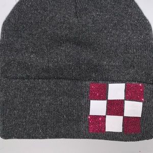 OOAK Pink & white checkered beanie on gray